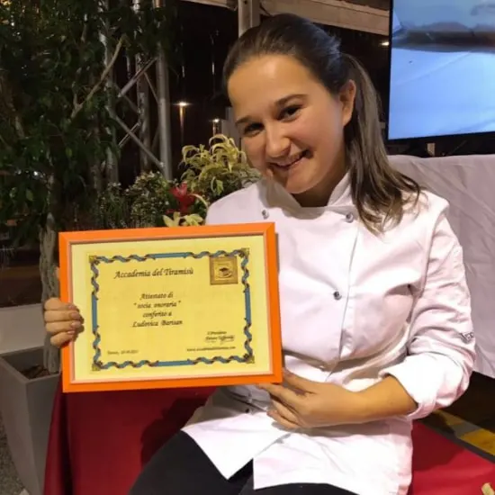 Cook Ludovica Barisan after the cooking show on the Tiramisù of Treviso