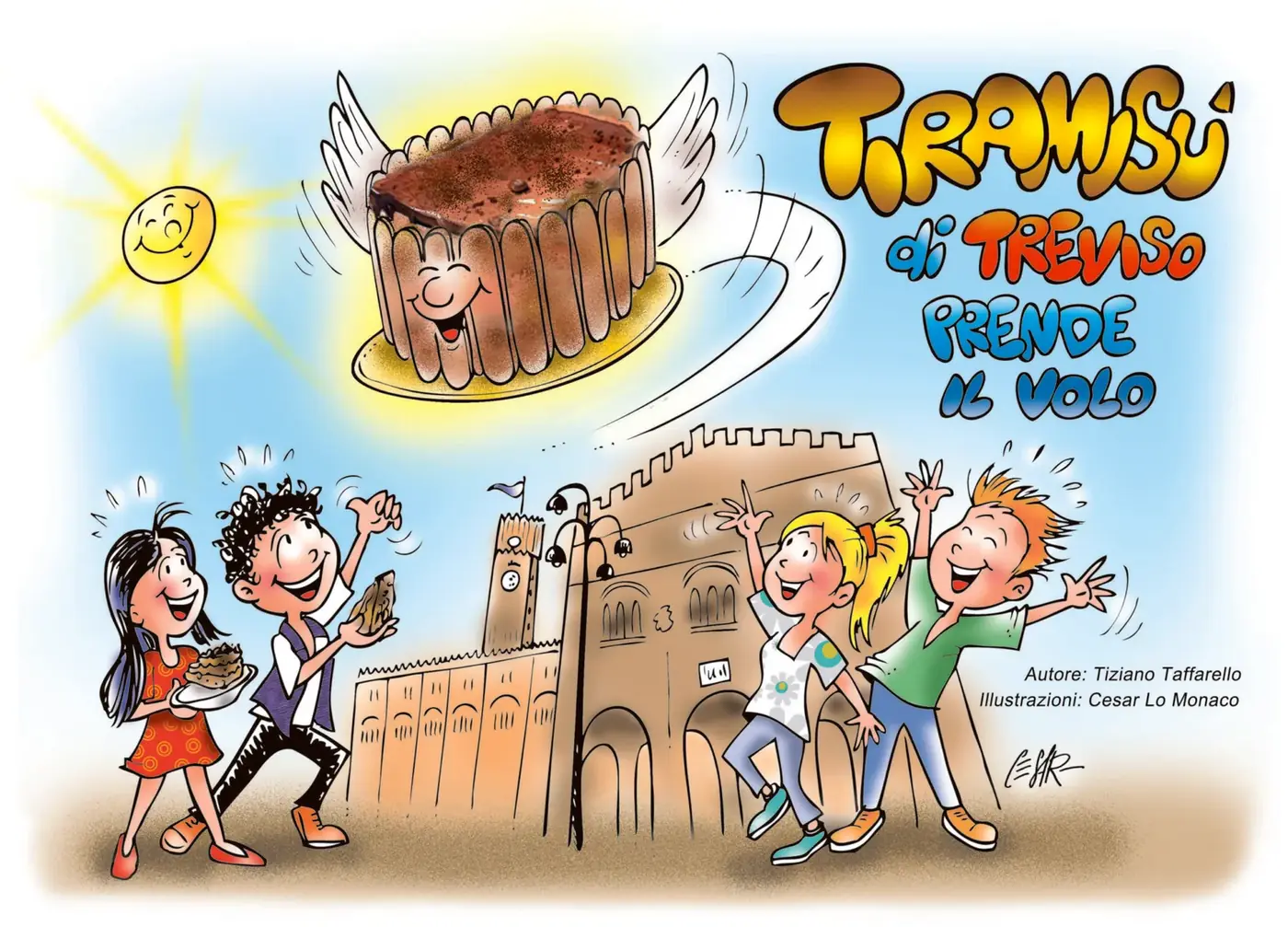 The cover of the book «Tiramisù di Treviso prende il volo» by Tiziano Taffarello, with the author