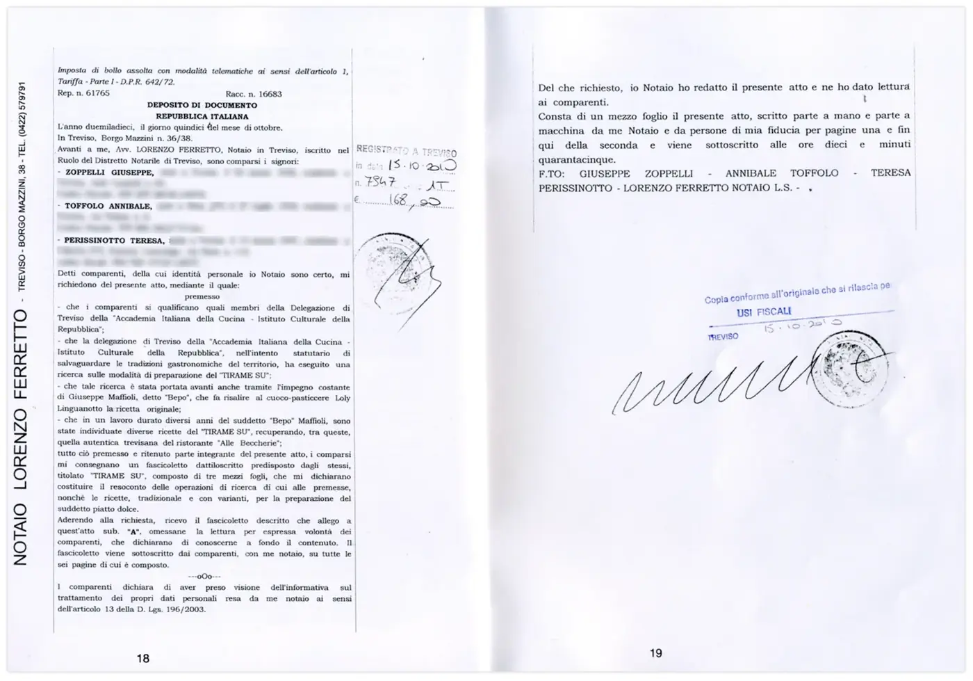 The notarial deed filed to protect the traditional recipe of Tiramisù