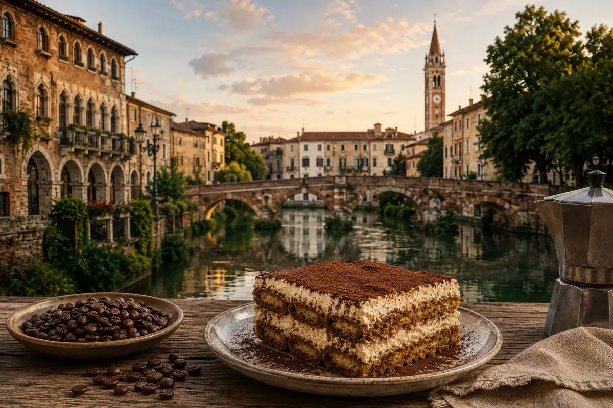 A portion of Tiramisù with coffee and a moka pot in front of a canal in Treviso at sunset