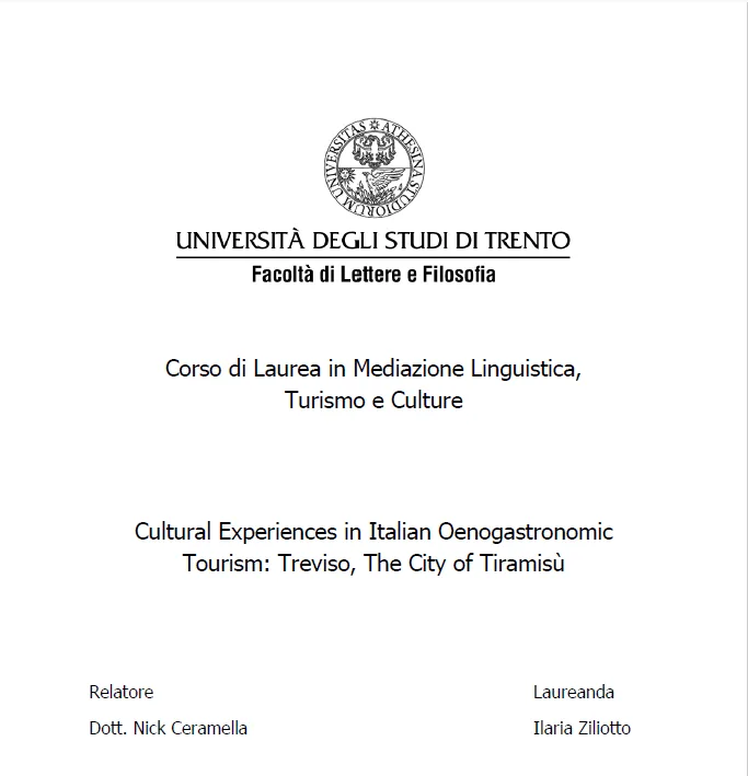 The title page of the first thesis in the world on Tiramisù, defended by Ilaria Ziliotto at the University of Trento